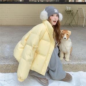 奶黄色短款羽绒服女2025新款冬季白鸭绒小个子立领休闲面包服保暖图片