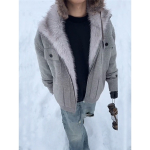 美式毛领座山雕棉服男款冬季加绒加厚针织衫毛衣外套短款保暖棉衣图片