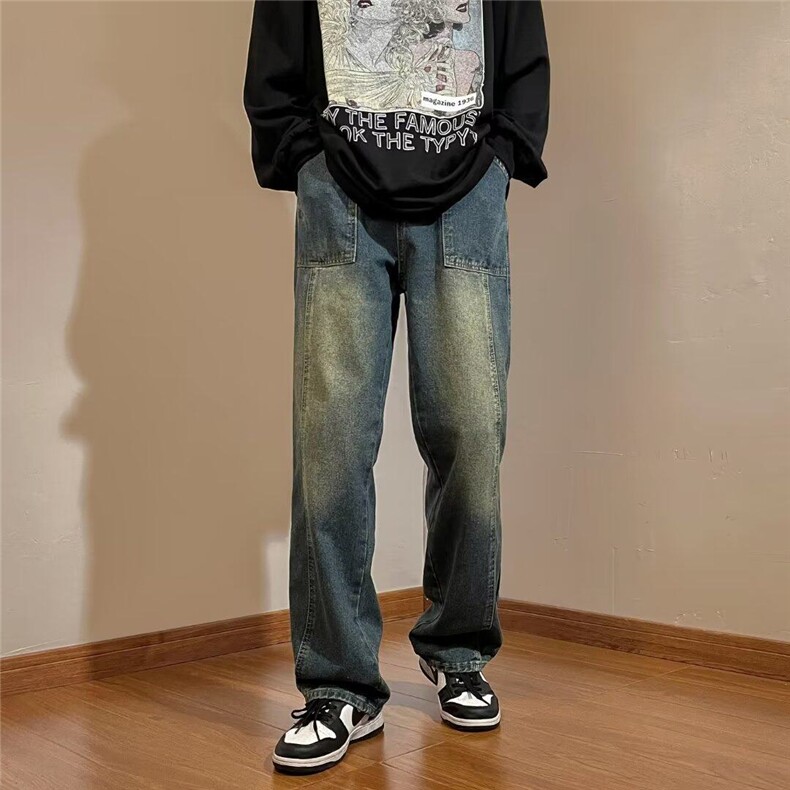 新款美式复古牛仔裤男女拖地宽松直筒阔腿垂坠感长裤MN6055-P43,男装牛仔裤,星座1008