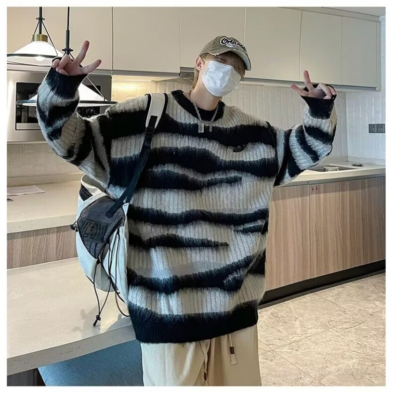 撞色条纹毛衣男秋冬美式复古慵懒风针织衫外套1001-1-MY07-P48,男装针织衫/毛衣,星座1001-1