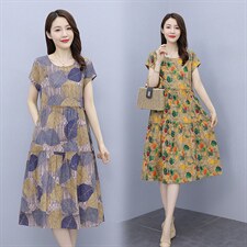 2022夏季新款简约优雅气质圆领复古印花修身显瘦连衣裙，女装连衣裙，鑫思依格