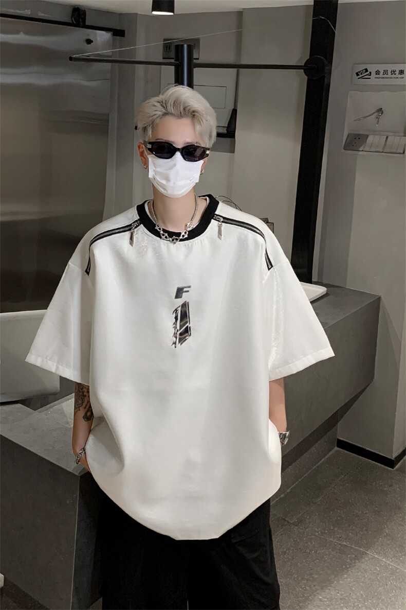男装短袖T恤2025夏季拉链字母印花五分袖体恤XZ514-2-202465-P58,男装T恤,星座514-2(原B239)