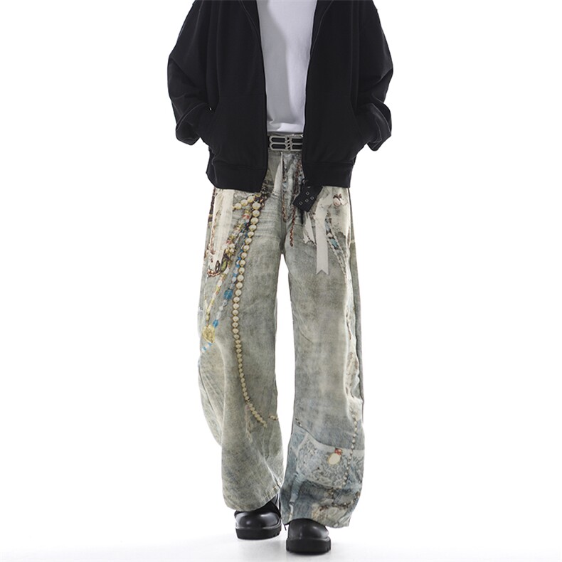 美式复古重工3D印花蕾丝链条阔腿牛仔裤潮流时尚男冬季ZT8028P48,男装牛仔裤,星座1112-1