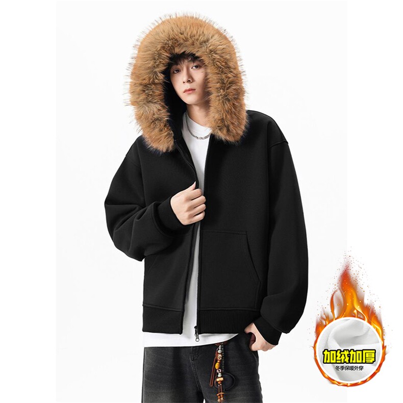 480G重磅加绒硬挺boxy秋冬美式高街超大毛领座山雕连帽卫衣厚外套，女装短外套，电商A486