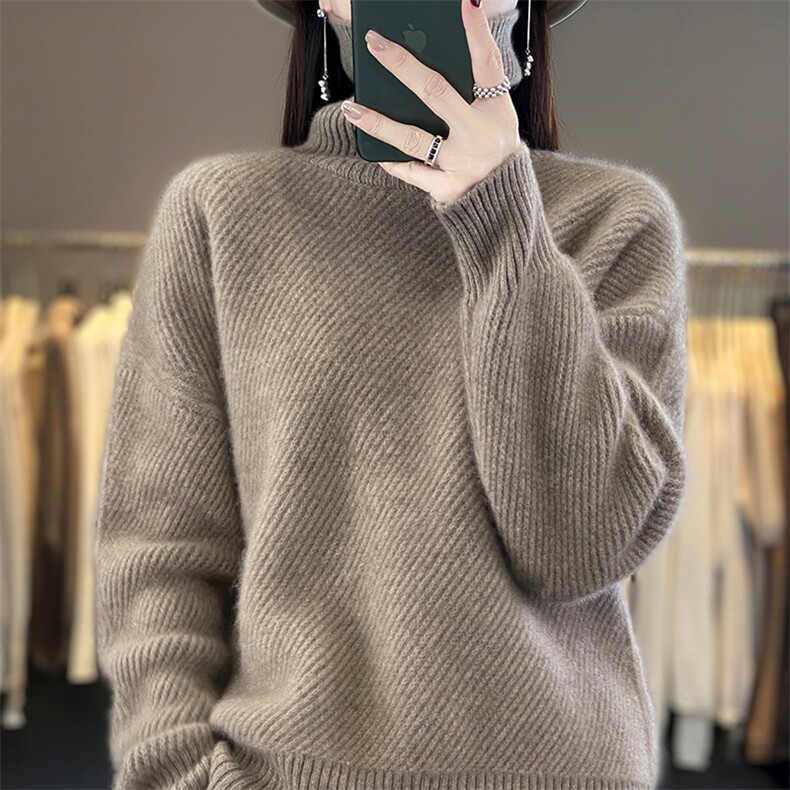 2025百搭时尚简约高领抽条羊毛衫,女装羊毛衫,贝美羊绒