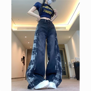 KU41-P60 美式复古格纹撞色拼接牛仔裤女春季新款宽松垂感阔腿图片