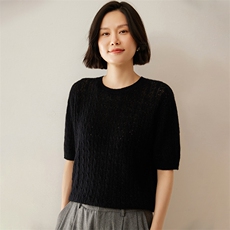 高端重工镂空扭花山羊绒衫女半袖圆领毛衣针织短袖秋冬中袖打底，女装羊绒衫，绒创羊绒