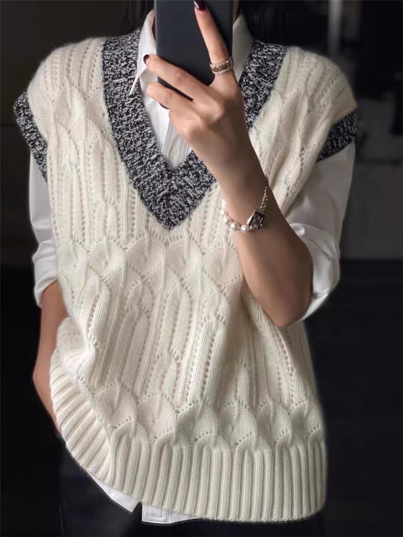 无袖针织开衫女春秋新款时尚V领显瘦背心外搭叠穿上衣，女装马甲，思途羊绒