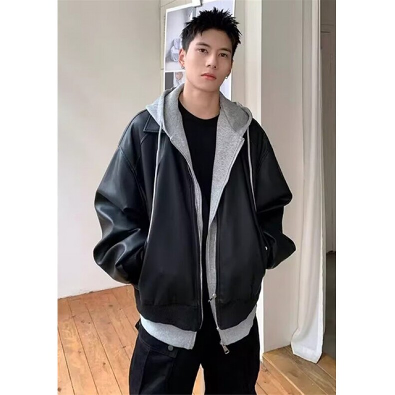 春秋复古机车飞行夹克棒球服潮街头连帽拼接皮衣外套J501,男装夹克,星座1116A（原606A-3）