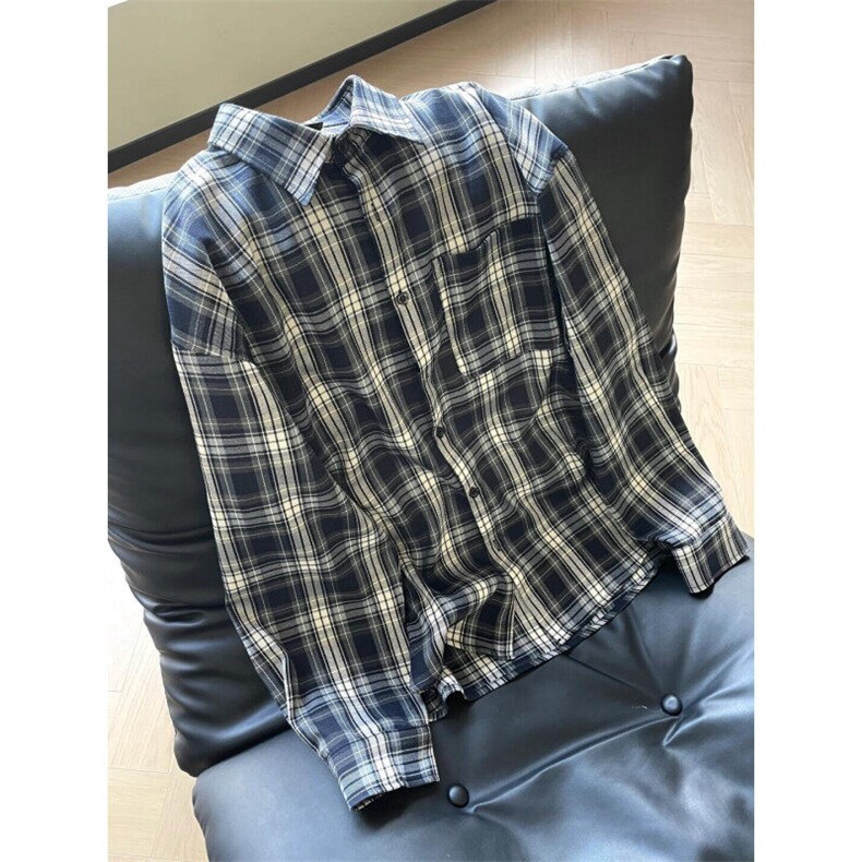 藏蓝色格子衬衫男长袖美式复古格纹衬衣高级感cleanfit情侣装外套,男装衬衫,星座1007（原301D）