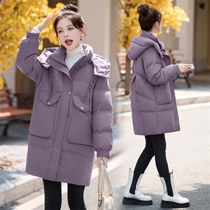 休闲连帽羽绒服女中长款2024冬季新款韩版宽松加厚保暖白鸭绒外套图片