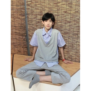 新款文艺慵懒日系百搭夏季痞帅条纹假两件衬衫男 C90图片