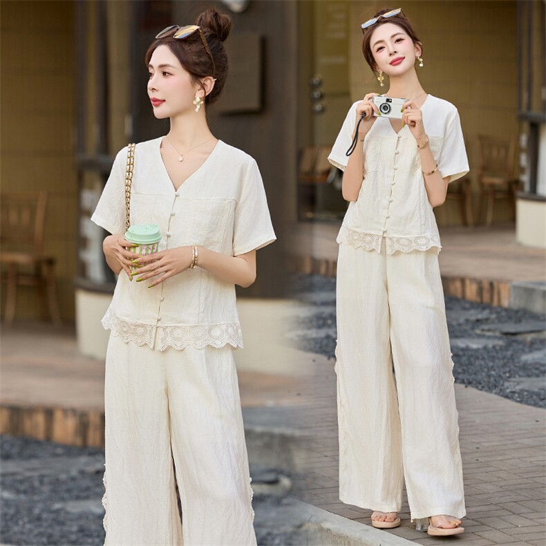 休闲短袖套装女2025新款巨好看的蕾丝花边夏日气质穿搭显瘦两件套，女装套装/套裙，布芭啦