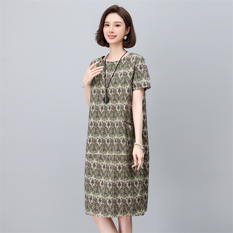 现货2025年夏季气质减龄印花文艺复古连衣裙,女装连衣裙,依恋蒂丝