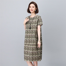 现货2025年夏季气质减龄印花文艺复古连衣裙，女装连衣裙，依恋蒂丝