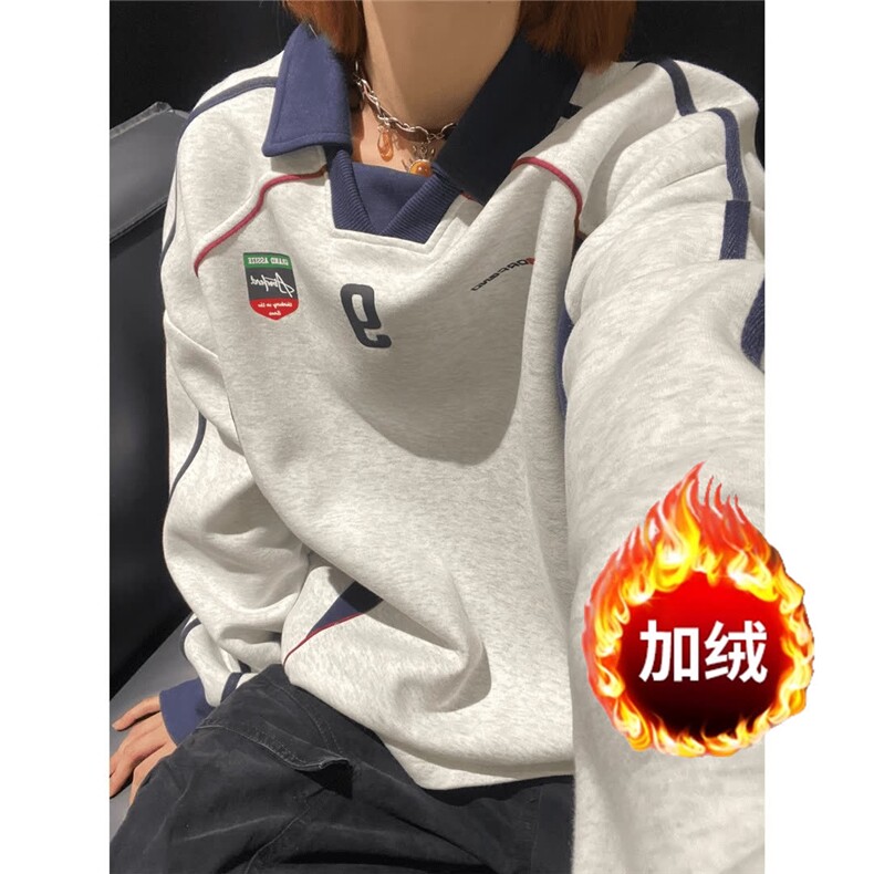 【有货】DY177-P65原创美式翻领卫衣男女宽松撞色设计感加绒上衣图片