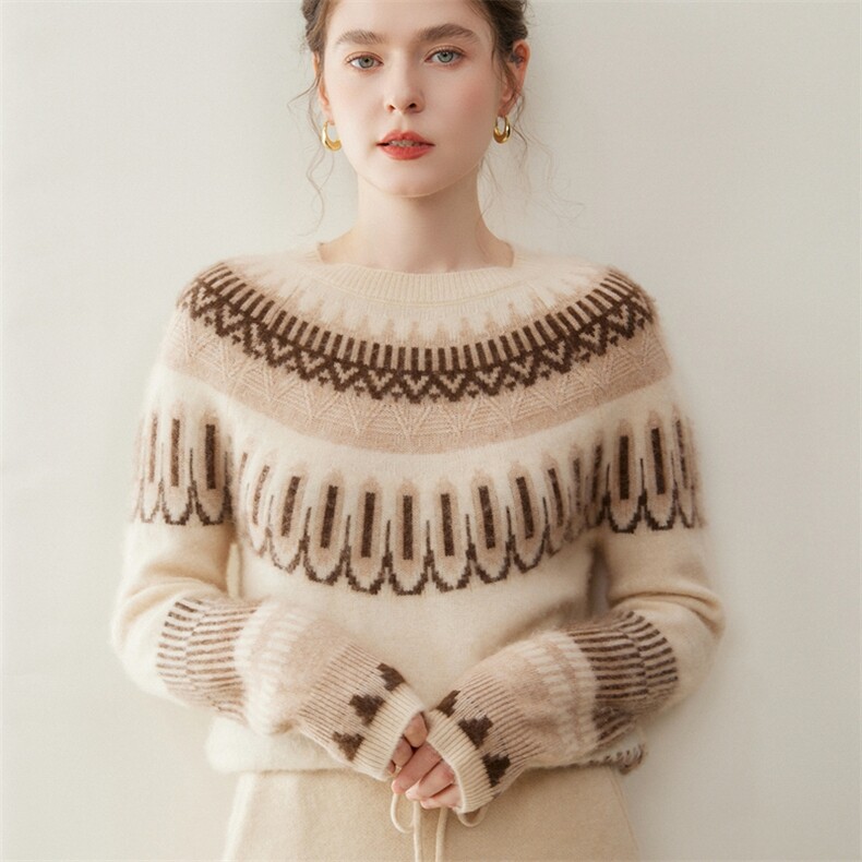 费尔岛~高端山羊绒衫女士圆领撞色提花毛衣加厚宽松长袖针织衫，女装羊绒衫，纳丰羊绒
