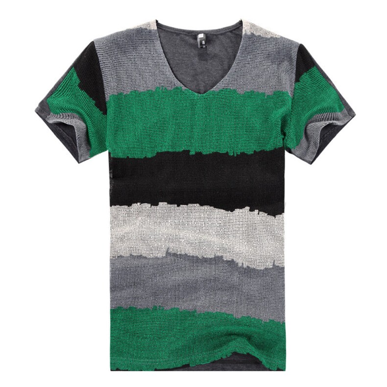 2021时尚条纹V领T恤男短袖大码百搭渐变色网格运动打底衫T372P10，男装T恤，星座1217-2