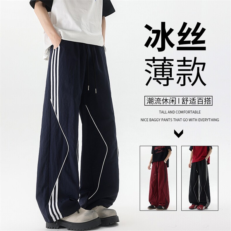 美式高街条纹裤子男夏季冰丝宽松冲锋户外工装伞兵阔腿裤KZ047P55图片