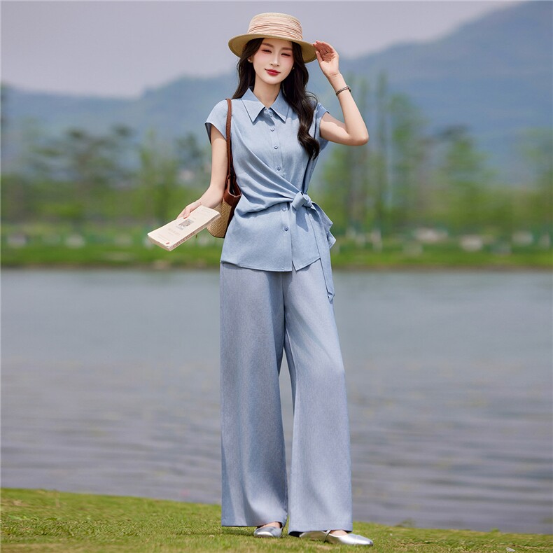 现货2026年夏季休闲风抗皱微弹修身型宽松时尚中青年妈妈两件套，女装套装/套裙，靓衣阁