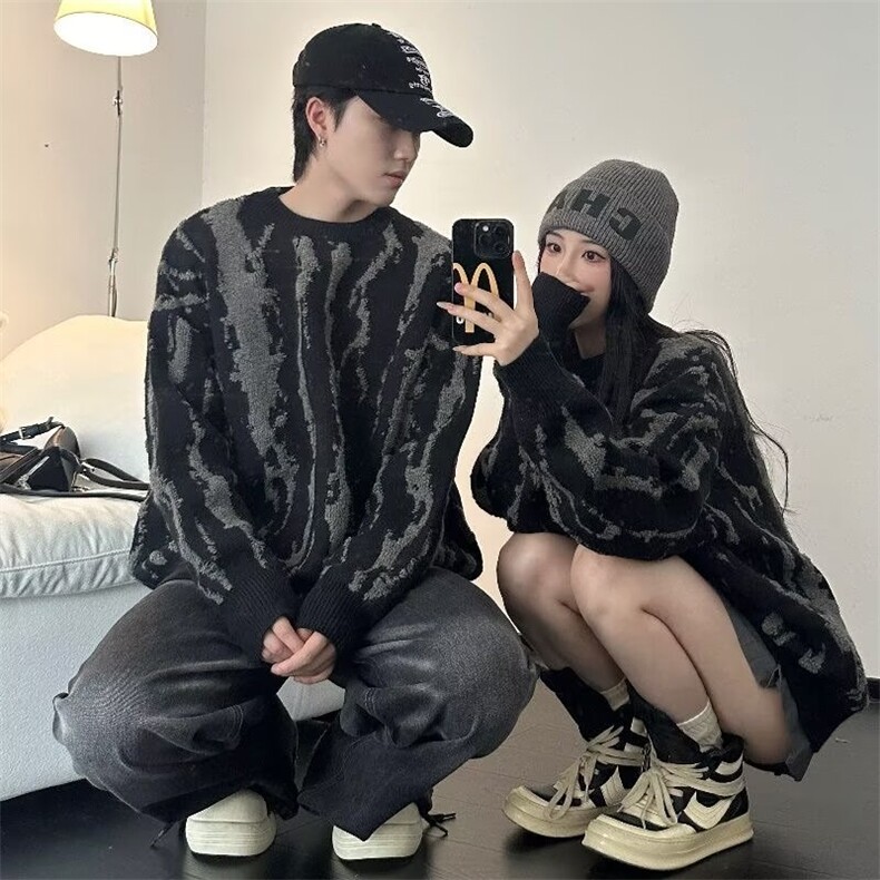 M210-P46美式复古竖条纹长袖毛衣男女秋冬季套头休闲宽松,男装针织衫/毛衣,电商B323A