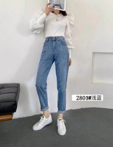 现货字母松紧腰弹力休闲牛仔裤SMLⅪ，女装牛仔裤，简 影