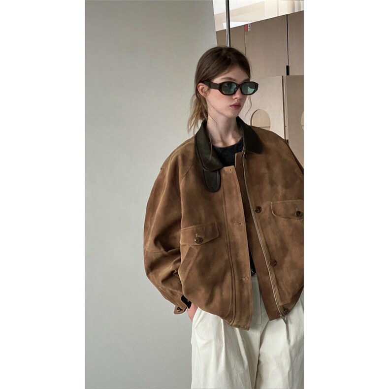 美式潮中古感’做旧麂皮绒重工撞色翻立领复古皮衣外套JKK39P85,男装皮衣,电商D256-1(原A064-1)
