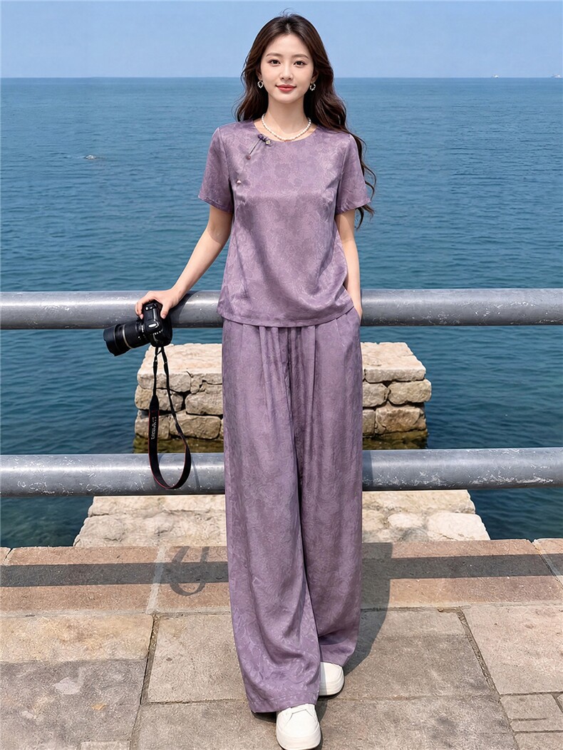 新中式气质减龄套装女夏款气质显瘦刺绣印花上衣阔腿长裤两件套,女装套装/套裙,江南