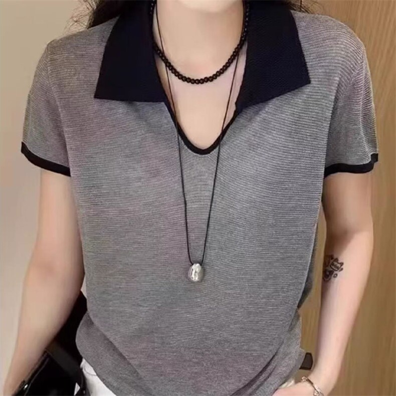 撞色翻领短袖t恤女夏季2205新款打底衫洋气大码女装冰丝针织上衣,针织衫/毛衣,萱芳婷羊绒