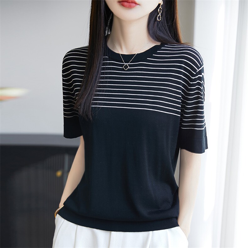 2025夏季新款莱赛尔天丝针织短袖T恤女圆领条纹拼色薄款上衣,女装T恤,广悦羊绒
