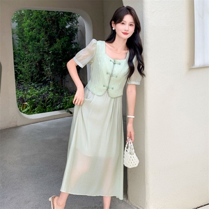 现货新中式气质假两件套连衣裙女2024夏季新款复古元素改良旗袍图片