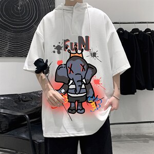 LD54221-P45 连帽短袖t恤男大码胖子带帽五分袖中袖 大皂风图片