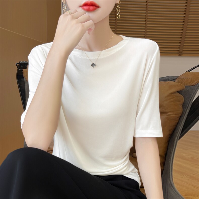 夏季网纱褶皱短袖T恤女2025高级感气质百搭简约垂感遮肉显瘦上衣,女装T恤,昭美羊绒