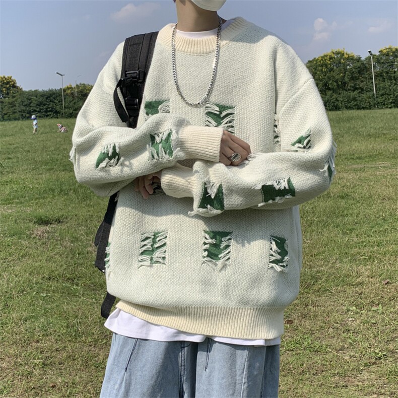设计感破洞毛衣男春秋宽松美式针织衫痞帅休闲情侣外套HY781-P45图片