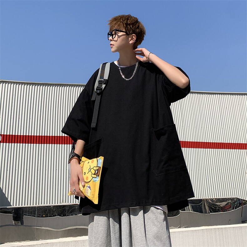 日式大阔版短袖蝙蝠袖大口袋男女款工装t恤美式高街复古半袖上衣,男装T恤,星座601-2
