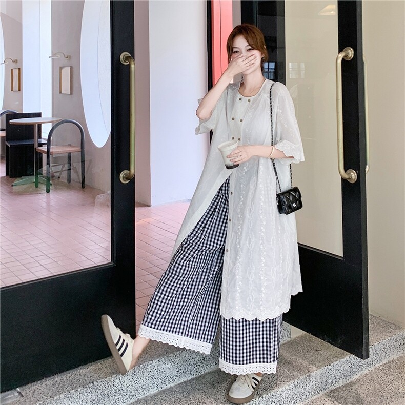 森系慵懒风刺绣连衣裙套装女2025夏新款复古宽松格子阔腿裤两件套,女装套装/套裙,2B237