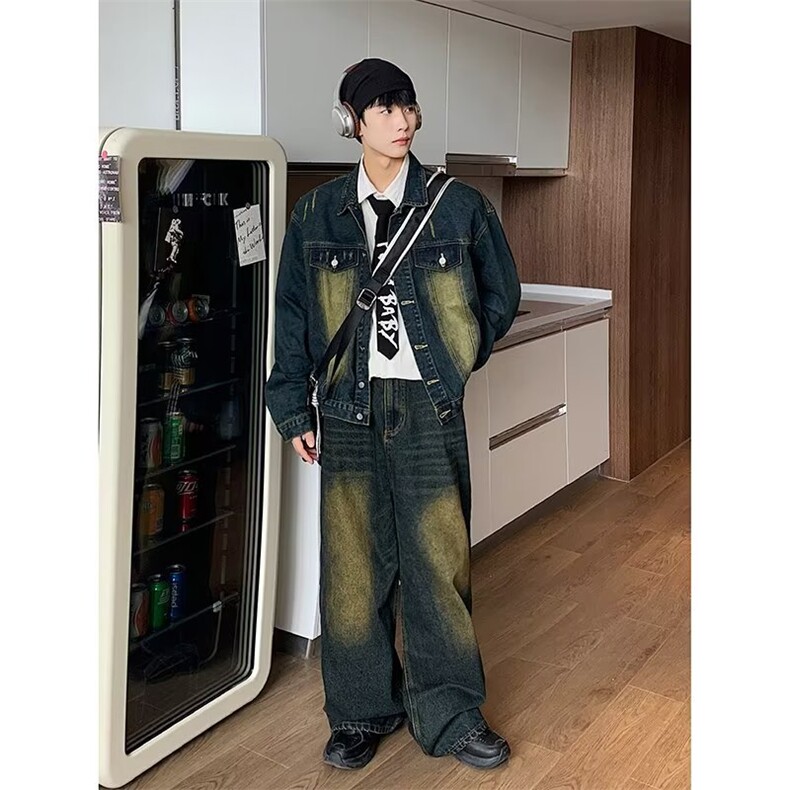 美式复古牛仔套装男春季新款潮男穿搭全身水洗做旧休闲时尚两件套图片