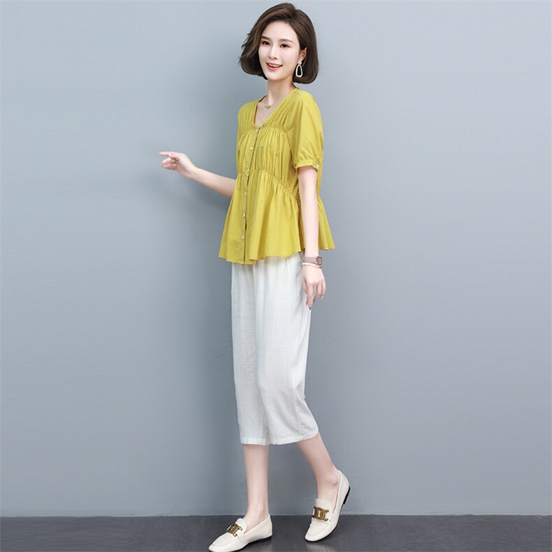短袖套装女夏设计感2022新款妈妈遮肚子百搭七分裤时尚棉麻两件套,女装套装/套裙,涵誉