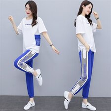 2021夏季新款简约时尚气质圆领字母印花上衣休闲裤两件套，女装套装/套裙，曼娅璐