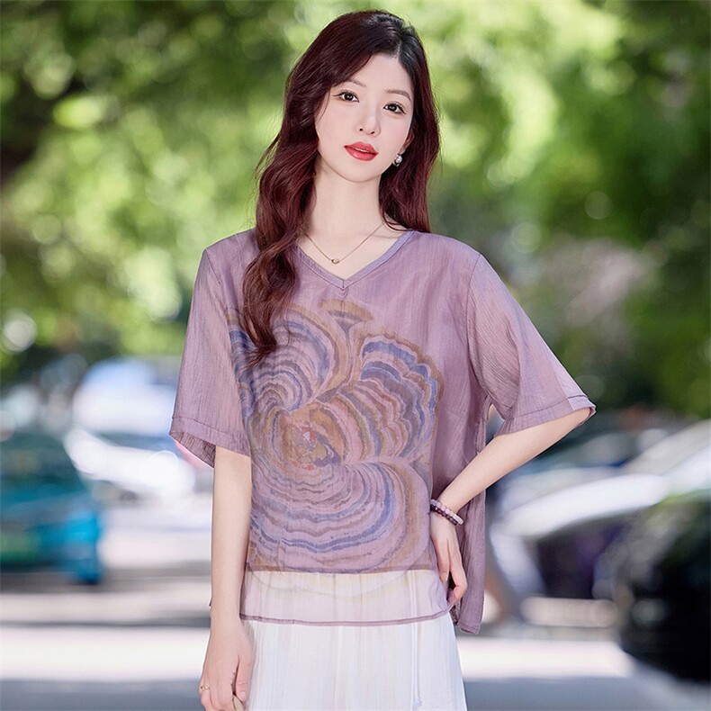 复古印花天丝棉麻衬衫女2025夏薄款v领宽松显瘦休闲宽松苎麻衬衣，女装衬衫，魅影