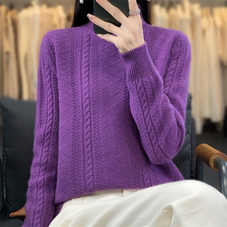 时尚百搭半高领绞花女士羊毛衫显瘦保暖秋冬必备,女装羊毛衫,莺澜羊绒