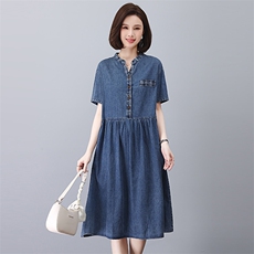 时尚显瘦牛仔连衣裙夏季休闲百搭A字裙，女装连衣裙，悦见她