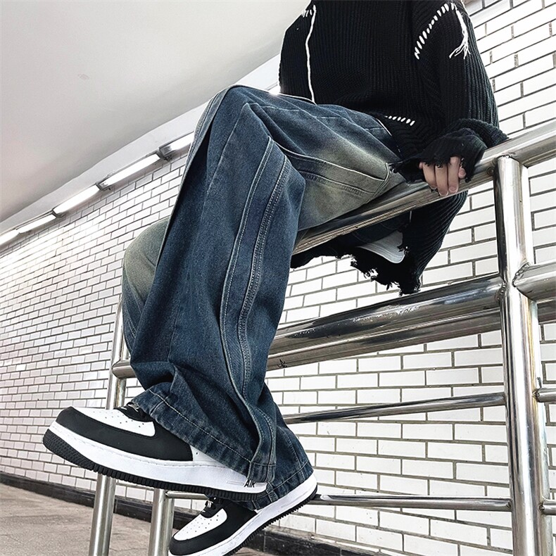美式复古拼接男春秋水洗做旧宽松阔腿直筒潮牌裤A068-KXSK94-TP60,男装休闲裤,电商A068