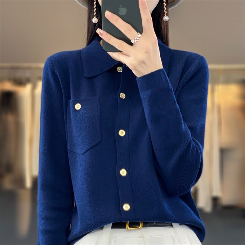 鄂尔多斯市翻领羊毛针织开衫外套女宽松薄款春秋新款毛衣外搭,针织衫/毛衣,大美人包芯纱店