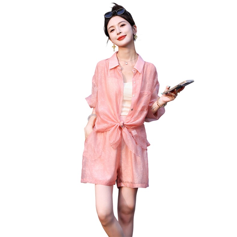 夏日焕新~轻薄天丝防晒衣套装女2025夏防晒衬衫休闲短裤两件套装,女装套装/套裙,歌伊格美