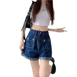 韩版复古百搭高腰阔腿牛仔短裤女2025春夏季工装口袋宽松显瘦短裤图片