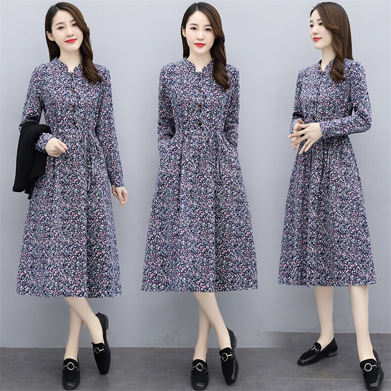 欣贝拉新款长袖碎花连衣裙XBL098优雅显瘦，女装连衣裙，欣贝拉