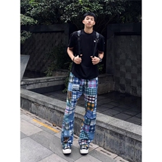 格纹毛边乞丐拼接印花裤修身潮牌造型男休闲裤潮流百搭弹力花裤子，男装休闲裤，星座506A