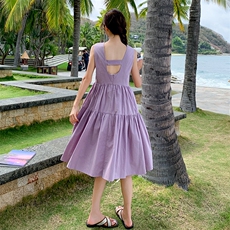 紫色无袖甜美连衣裙女2025年夏季新款小个子显瘦海边度假风背心裙，女装连衣裙，2C037