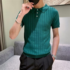 夏季复古男装净色宽松翻领针织衫男休闲提花竖纹短袖Polo衫M819，男装针织衫/毛衣，星座1116A-2（原606A-1）